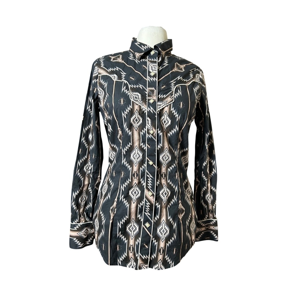 Rock & Roll Denim Womens Aztec Print Western Snap Button Shirt Black Small